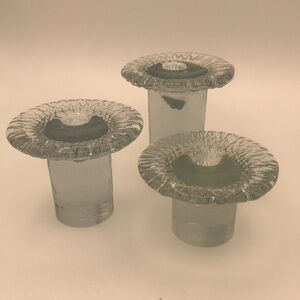 MCM VTG 70's Blenko Don Shepherd Ice Mushroom Clear Glass Candleholders Set of 3